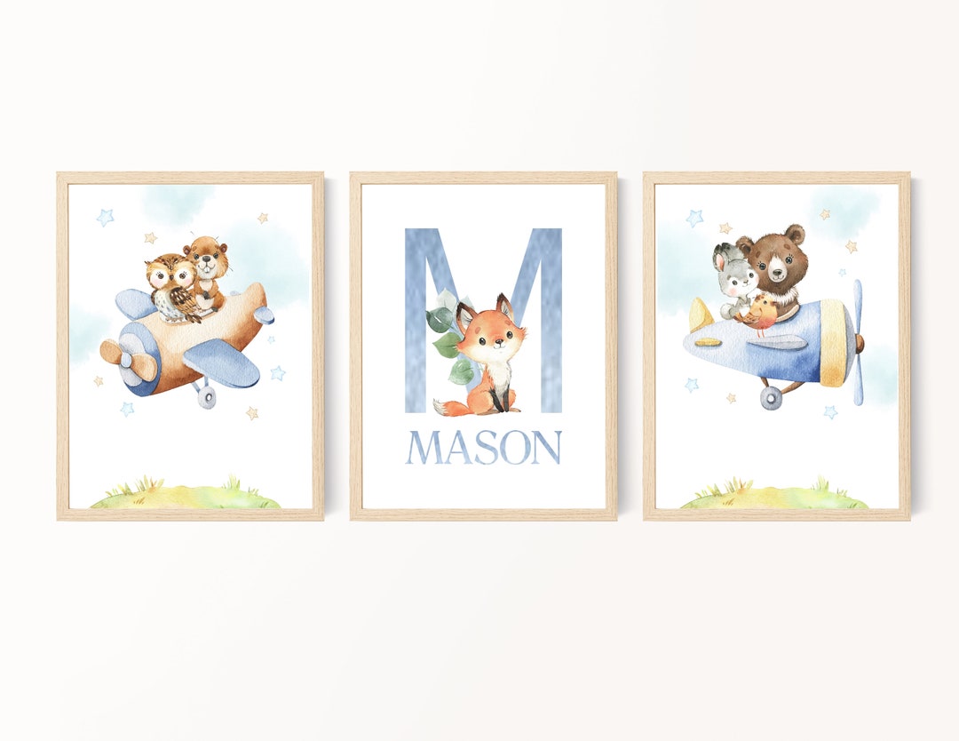 Nursery Decor Woodland, Woodland Nursery Art, Woodland Print Set, Airplane Nursery Prints