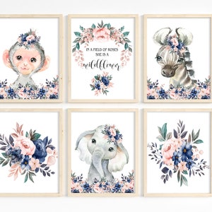 Navy blush nursery decor, Blush navy girl room prints, She is a wildflower printable, Navy and blush safari animals wall art, Set of 6