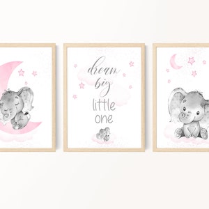 Elephant Nursery Art, Elephant Nursery Decor Girl, Dream Big Little One, Pink Gray Nursery Wall Art, Elephant Nursery Decorations, Digital