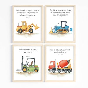 Construction nursery prints, Kids Bible verse wall art, Truck print set, Scripture prints for kids, Boy room decor, Sunday school, Printable