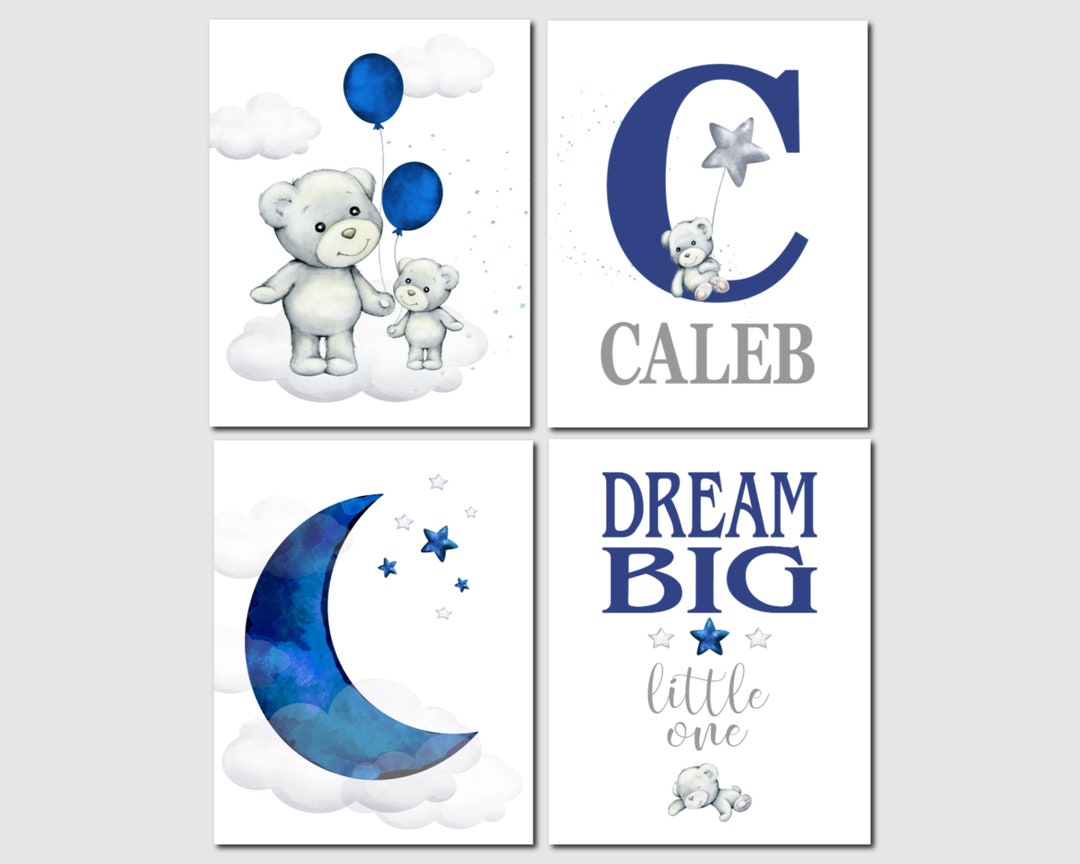 Navy Nursery Art, Boy Nursery Decor, Name and Initial, Moon and Stars