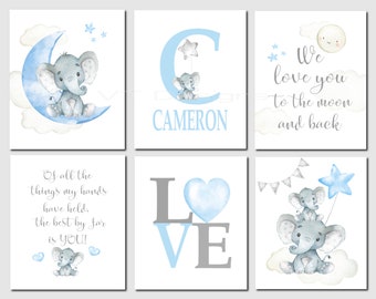 Boy Nursery Decor, Elephant Nursery Art, Nursery Art Boy, Elephant Pictures, Personalized, Baby Quotes, Blue, Set of 6 Prints or Canvas