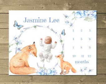 Fox Milestone Blanket, Baby Growth Blanket, Woodland Animals Month Blanket, Personalized Fox Milestone Blanket, Baby Photo Prop Blanket