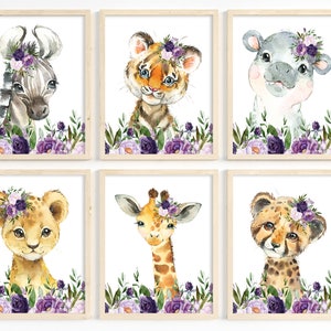 Purple nursery decor, Purple floral nursery, Girl safari nursery wall art, Safari animal prints, Zoo animals, Girl room decor, Printable