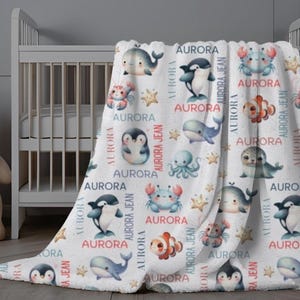 Personalized Baby Girl Blanket, Custom Sea Animal Blanket, Ocean Theme Baby Blanket, Baby Name Blanket with Penguin, Whale, Sea Creatures