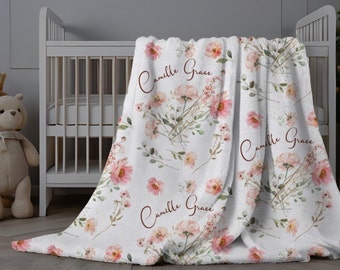 Custom Swaddle Blanket, Personalized Baby Blanket, Pink Floral Baby Name Blanket, Custom Minky Blanket, New Baby Gift, Baby Shower Gift