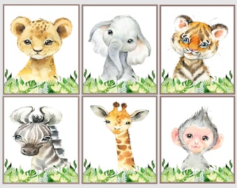 Set of 6, Safari Animal Prints, Gender Neutral Nursery Wall Art, Watercolor Jungle Animals, New Baby Gift, Zoo Animal Wall Art, Printable