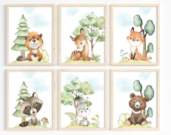 Boy woodland animal nursery wall art, Boy room decor, DIY, Baby forest animals, Boy nursery art, Woodland theme, Green nursery, Printable