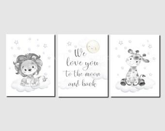 Nursery Decor Boy, We Love You To The Moon and Back, Jungle Animals, Neutral Nursery, Lion, Giraffe, Set of 3, Unframed Prints or Canvas