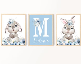 Bunny Nursery Prints, Blue White Nursery Decor, Floral Nursery Art, Personalized Baby Decorations, Name and Initial, Printable Nursery Art