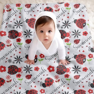 Red Ladybug Blanket, Personalized Baby Name Blanket, Custom Minky Blanket, Personalized Infant Swaddle imagem 5
