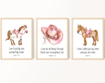 Kids Bible verse wall art, Western girl nursery art, Horse prints, BOHO pink room decor, Scripture prints for kids, Sunday school, Printable