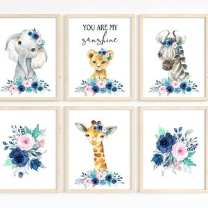 Navy Blue Pink floral safari animal prints, Watercolor safari wall art, Girl room decor, Set of 6, Printable nursery art, Navy pink nursery