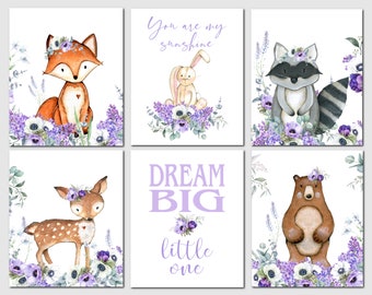 Woodland nursery art, Woodland animals, Girl room decor, Purple, Woodland wall art girl, Woodland theme, Fox, Deer,Unframed Prints or Canvas