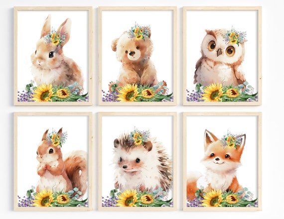 Girl Nursery Art, Woodland Animals, Yellow Girl Room Decor