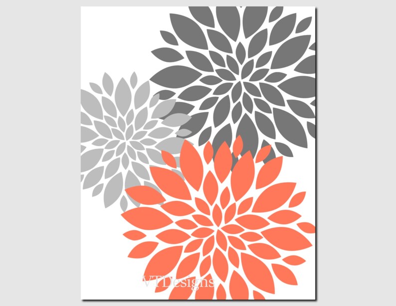 Orange Gray Wall Art Home Decor Flower Burst Floral Etsy