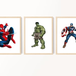 Stampe di supereroi, stampe murali di Spiderman, decorazioni per la camera dei bambini, stampe murali per bambini piccoli, stampe di Hulk, stampe murali di Capitan America, decorazioni per la camera dei bambini