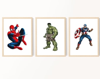Superhjältetryck, väggkonst för Spiderman, pojkrumsdekor, väggkonst för småbarnspojkar, Hulken-tryck, väggkonst för Captain America, pojkrumsdekor