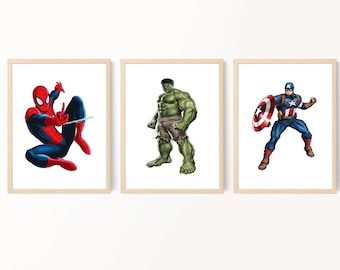 Superheroes Prints, Spiderman Wall Art, Boy Bedroom Decor, Toddler Boy Wall Art, The Hulk Print, Captain America Wall Art, Boy Room Decor