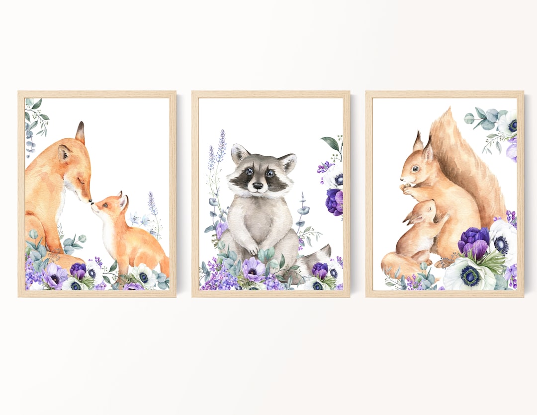 Purple Nursery Prints, Woodland Animal Theme, Nursery Wall Art Prints ...