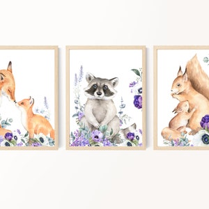 Purple nursery prints, Woodland animal theme, Nursery wall art prints, Girl room decor, Baby girl nursery animal floral prints, Printable