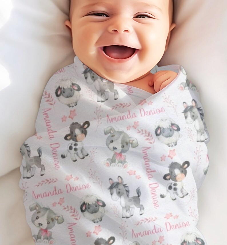 Farm Animal Baby Girl Blanket, Farm Animal Baby Swaddle, Personalized