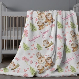Owl Personalized Blanket, Girl Woodland Animal Baby Blanket, Custom Owl Name Blanket, Baby Girl Swaddle, Personalized Baby Shower Gift