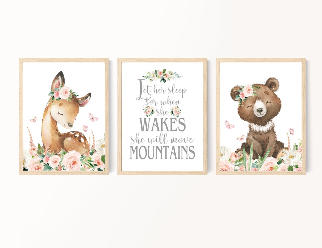 Woodland Girl Nursery Decor, Baby Girl Blush Floral Animal, Girl Room