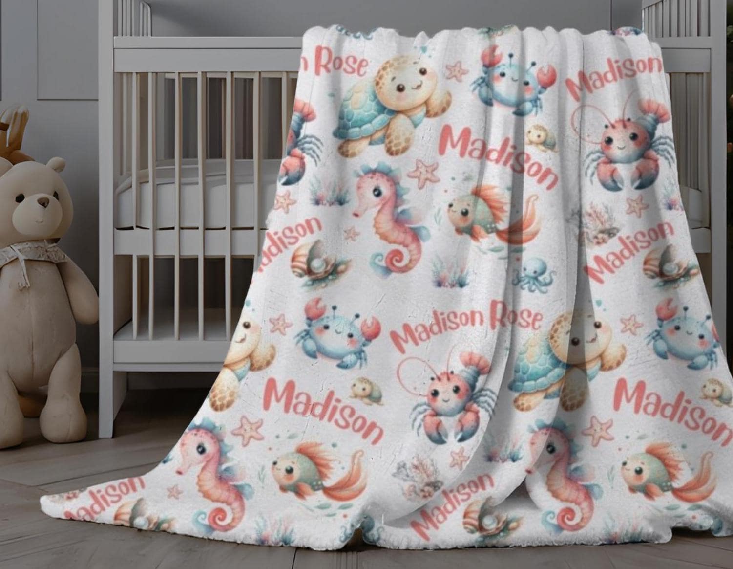 Personalized Ocean Blanket, Custom Baby Girl Blanket With Sea Animals ...
