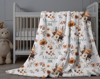 Boho Floral Baby Blanket, Wildflower Blanket, Personalized Gift Baby Girl, New Baby Gift Girl, Custom Minky, Wildflower Swaddle with Name