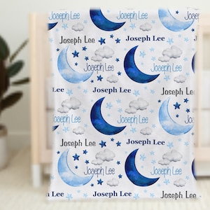 Moon and Stars Blanket Baby Boy, Personalized Baby Name Blanket, Custom Minky Blanket, Navy Blue Baby Boy Name Blanket