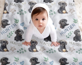 Black Lab Baby Blanket, Personalized Swaddle Blanket Dogs, Custom Baby Name Blanket, Black Lab Baby Gift, Baby Shower Gift, Keepsake Gift