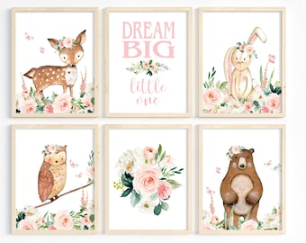 Decoración para habitación infantil con temática del bosque, Láminas para habitación infantil con animales del bosque, Decoración para bebé niña, Arte floral rosa para habitación infantil, Animales del bosque para bebés, Imprimible