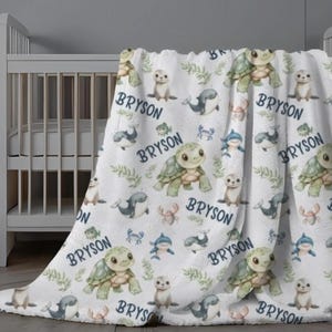 Under the Sea Blanket, Personalized Baby Blanket, Ocean Baby Name Swaddle, Custom Turtle Baby Swaddle, Sea Creature Blanket Kids, Baby Gift