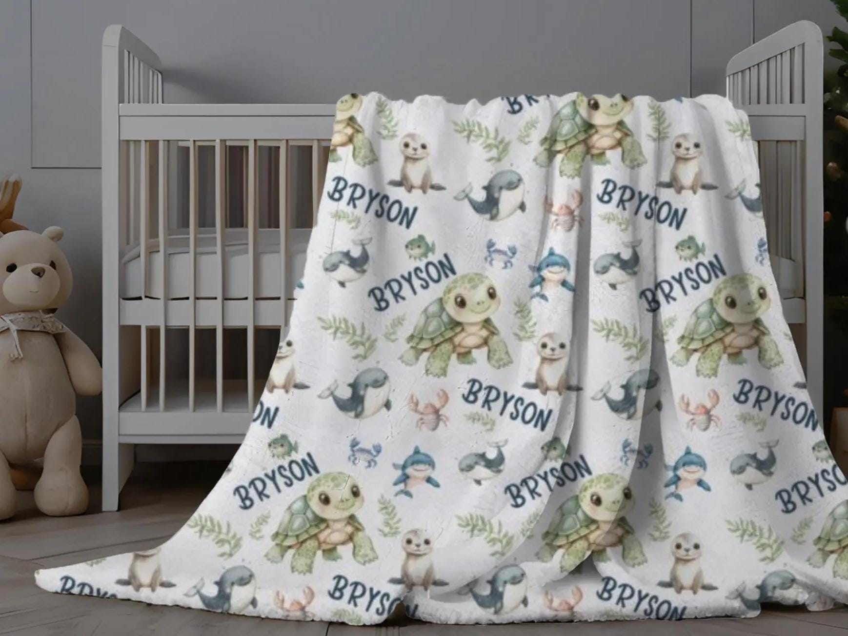 Under the Sea Blanket, Personalized Baby Blanket, Ocean Baby Name Swaddle, Custom Turtle Baby Swaddle, Sea Creature Blanket Kids, Baby Gift