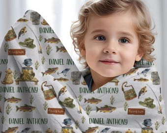 Personalized Fishing Blanket, Custom Name Blanket, Baby Boy Blanket with Name, Fishing Baby Minky Blanket, Personalized Toddler Boy Blanket