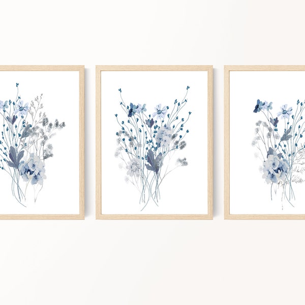 Wildflower Bouquet Prints, Blue Gray Flower Prints, Watercolor Flowers, Bedroom Wall Art, Living Room Wall Art, Farmhouse Decor, Printable