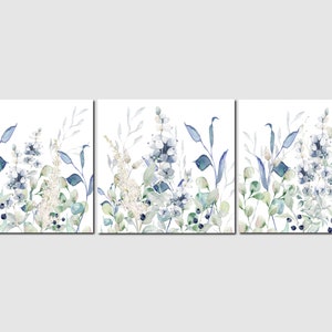 Blue green floral wall art, Blue flower prints, Wildflower prints, Watercolor blue flowers, Bedroom wall art, Bathroom wall art, Printable