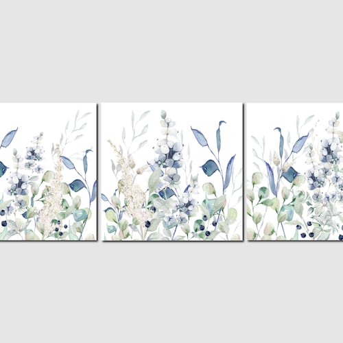 Blue Green Floral Wall Art Blue Flower Prints Wildflower Etsy