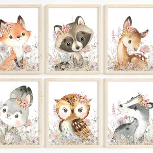 Set of 6, Girl Nursery Decor, Woodland Animals, Girl Room Decor, Woodland Theme, Baby Animals, Wildflower Nursery, Forest Animals, Digital