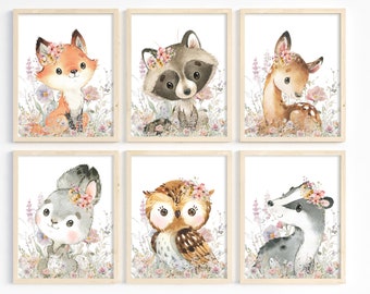 Set of 6, Girl Nursery Decor, Woodland Animals, Girl Room Decor, Woodland Theme, Baby Animals, Wildflower Nursery, Forest Animals, Digital