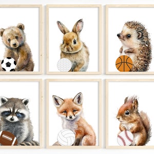 Sports animals, Animal sports nursery prints, Boy sports wall art, Sports animals room decor, Woodland nursery, Animals, Set of 6, Printable