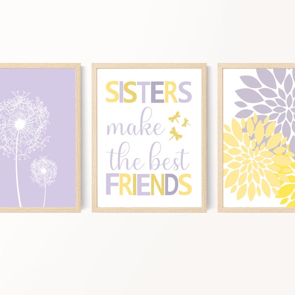 Sisters wall art - Lavender yellow nursery art - Toddler girl print set - Floral picture - Girl room decor - Dragonfly - Set of 3 - Digital