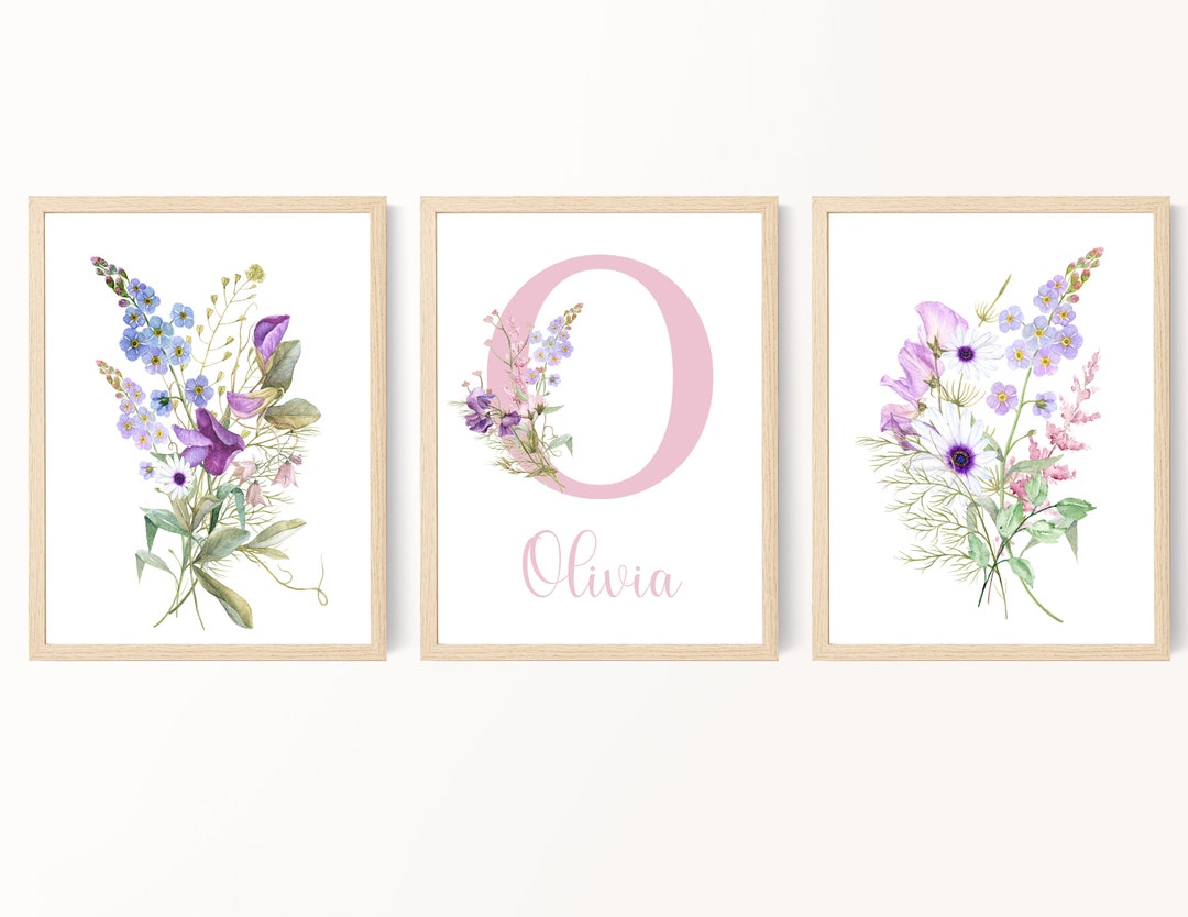 Nursery Print Set Wildflowers Nursery Decor Purple Blue Pink Flower ...
