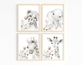 Set of 4, Safari Animals Nursery Prints, Girl Bedroom Wall Art, Girls Nursery Decor, Wildflower Nursery Art, Safari Animals Art, Printable