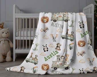 Personalized Baby Blanket Safari Animals, Baby Boy Name Blanket, Safari Animal Baby Blanket, Custom Baby Boy Swaddle, Baby Shower Gift