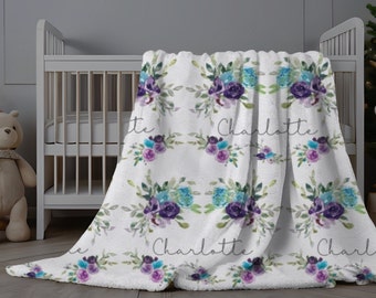 Purple Teal Floral Blanket, Personalized Baby Girl Floral Blanket, Baby Name Swaddle, Custom Minky Blanket