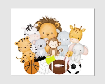 Sportowe zwierzęta safari, Sztuka sportowa dla dzieci, Wystrój pokoju dziecięcego ze zwierzętami, Wydruki ze zwierzętami sportowymi, Wystrój pokoju dziecięcego dla chłopców, Piłka nożna, Golf, Do druku