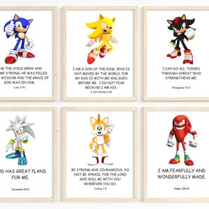 Kids Bible Verse Wall Art, Sonic the Hedgehog, Scripture Prints for Kids, Boy Room Decor, Christian Child Room Decor, Set of 6, Printable