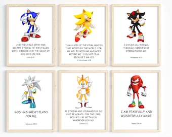 May include: A set of 6 printable wall art prints featuring different characters from the Sonic the Hedgehog video game series. Each print includes a bible verse. The characters are Sonic, Shadow, Tails, Knuckles, Silver, and Amy.